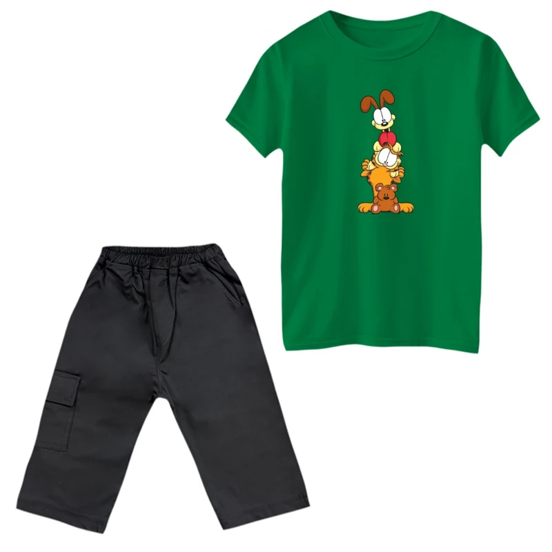 ست تی‌شرت و شلوارک پسرانه مدل گارفیلد کد 17 رنگ سبز