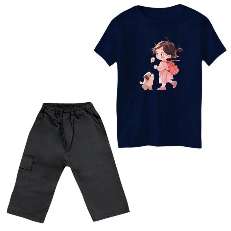 ست تی‌شرت آستین کوتاه و شلوارک دخترانه مدل دخترک و سگ رنگ سورمه ای
