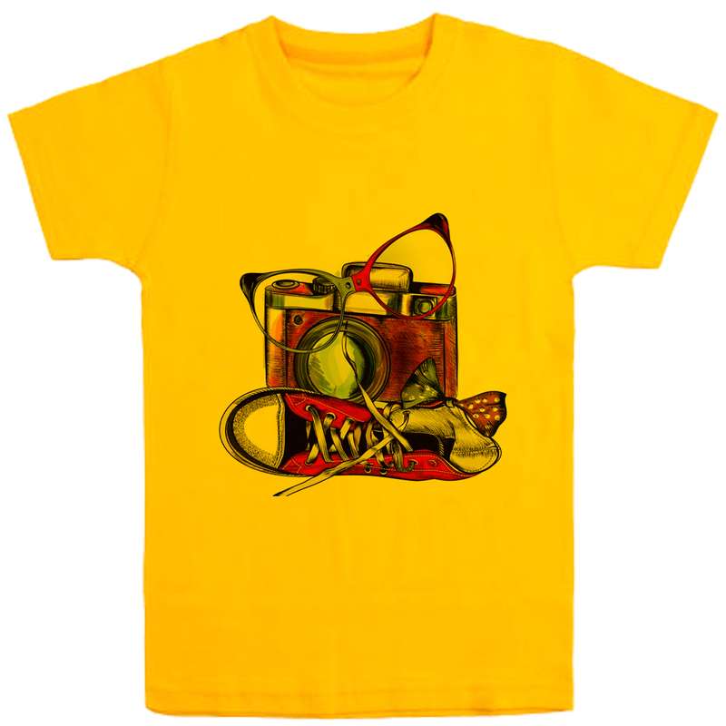 تی شرت آستین کوتاه دخترانه مدل دوربین وکتونی D68 رنگ زرد