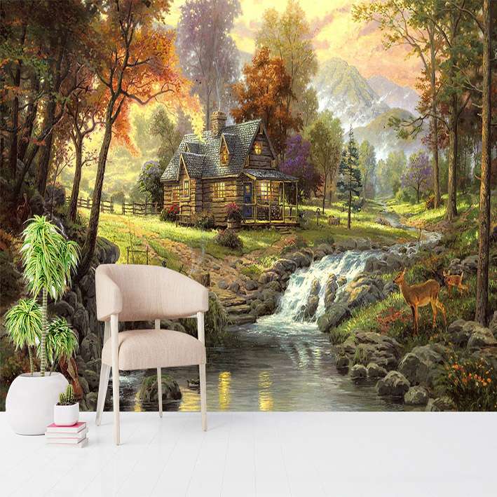 پوستر دیواری سه بعدی مدل منظره هنری جنگل کلبه خانه DVRF2569