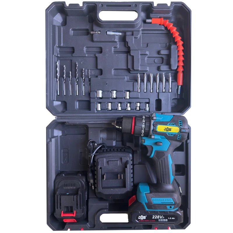 دریل پیچ گوشتی چکشی شارژی براشلس 10 میلی متری 228 ولت جاب مدل JB-228 FX MAX مجموعه 45 عددی