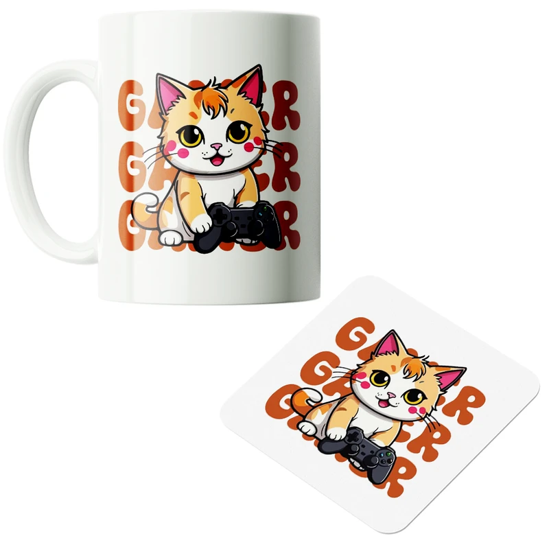 ماگ پاد آفرین مدل گربه کیوت طرح گیم دسته بازی گیمینگ گیمر کد PZ397 به همراه زیرلیوانی