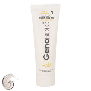 کرم ضدآفتاب بی‌رنگ ژنوبایوتیک SPF50 مدل 01 محافظ UVA ،UVB، مناسب پوست‌های مختلط و چرب، حجم 50 میلی‌لیتر