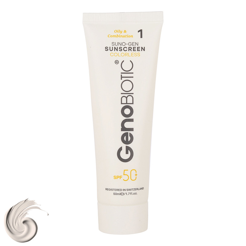 کرم ضدآفتاب بی‌رنگ ژنوبایوتیک SPF50 مدل 01 محافظ UVA ،UVB، مناسب پوست‌های مختلط و چرب، حجم 50 میلی‌لیتر