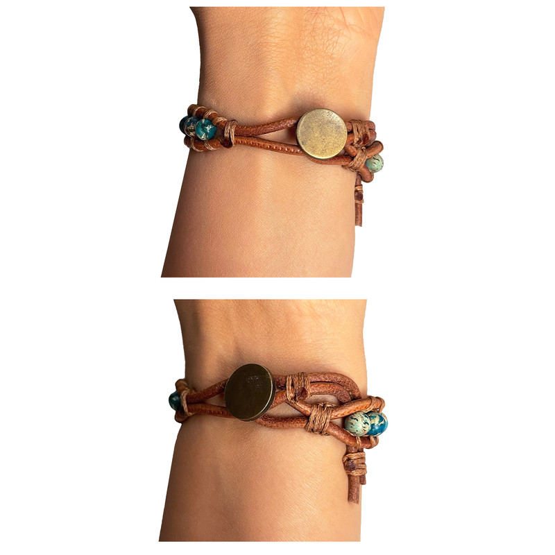 دستبند دل تافته مدل چرم طبیعی و فیروزه آفریقایی
