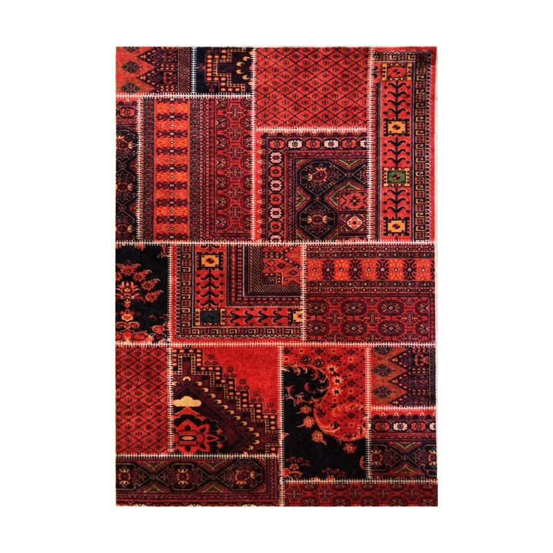 فرش ماشینی زانیس مدل مدرن طرح چهل تکه پتچورک زمینه قرمز لاکی