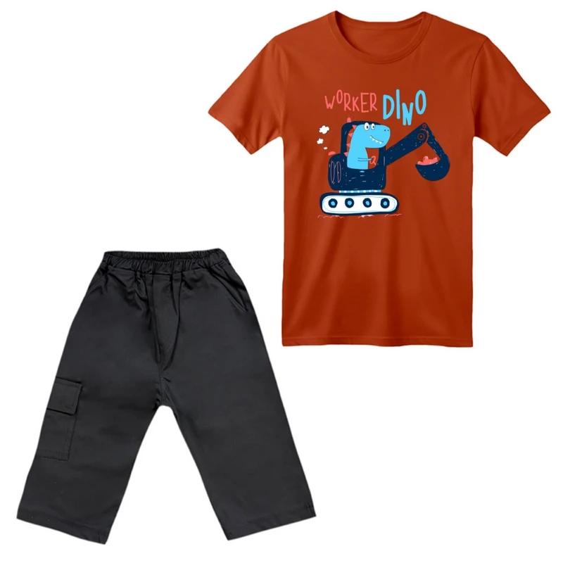 ست تی‌شرت آستین کوتاه و شلوارک پسرانه مدل دایناسور کد ۱۷