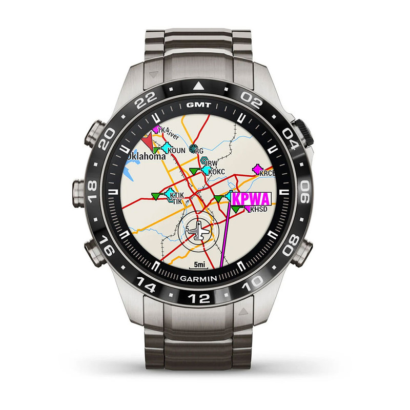 ساعت هوشمند گارمین مدل MARQ Aviator (Gen 2) دارای قابلیت های صفحه نمایش لمسی، با حالت های ورزشی مختلف، پایش وضیعت استرس، با 32 گیگابایت حافظه داخلی بند تیتانیوم