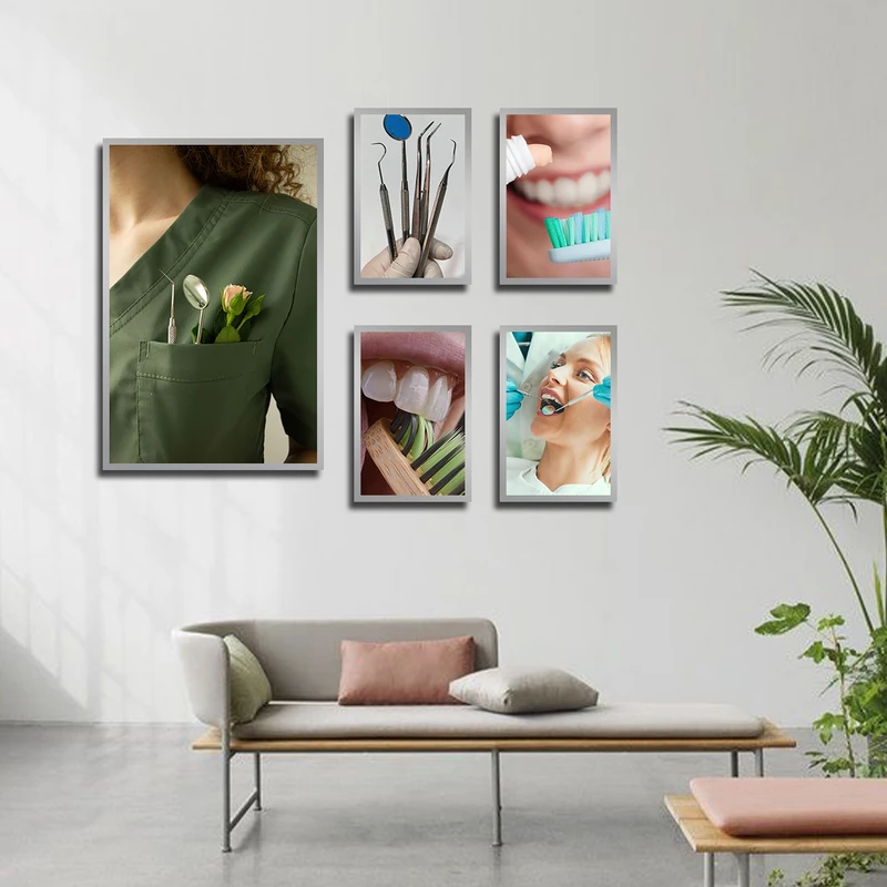 تابلو ساده بکلیت طرح دندانپزشکی و بهداشت دهان و دندان مدل SI-3199 فریم نقره ای مجموعه 5 عددی