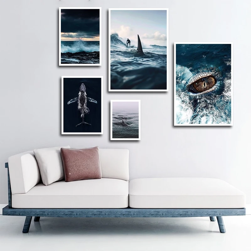 تابلو ساده بکلیت طرح طبیعت دریا و کوسه مدل شاین اکلیلی W-2765 فریم سفید مجموعه 5 عددی