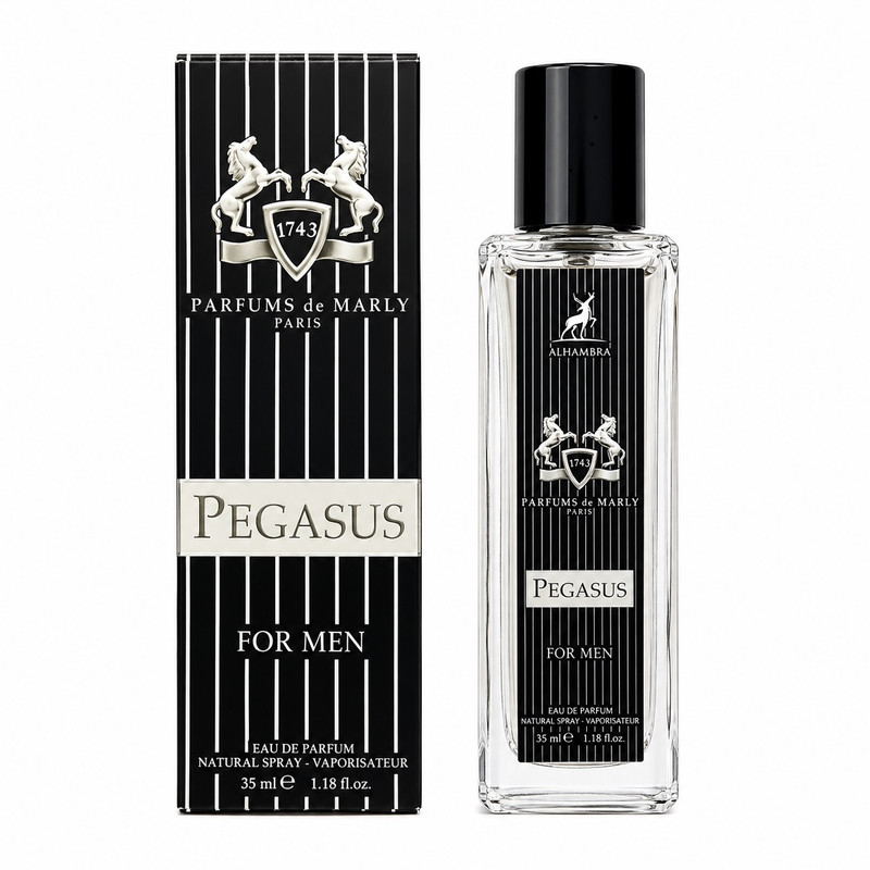 عطر جیبی الحمبرا مدل PEGASUS با رایحه تند، چوبی، خنک، تلخ حجم 35 میلی‌لیتر