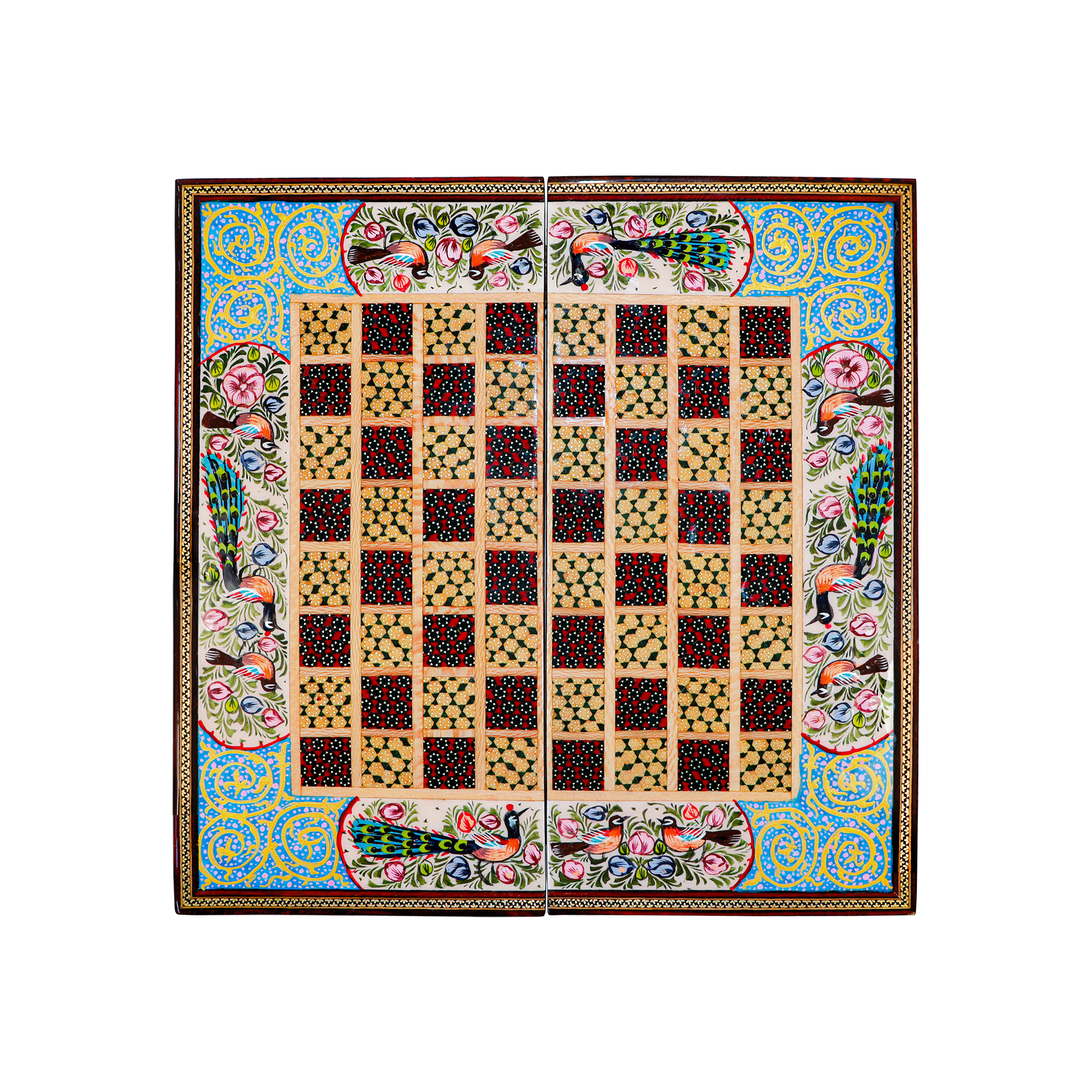 صفحه شطرنج خاتم کاری مدل نقاشی طرح گل و مرغ برجسته و تذهیب کد 30BlGr