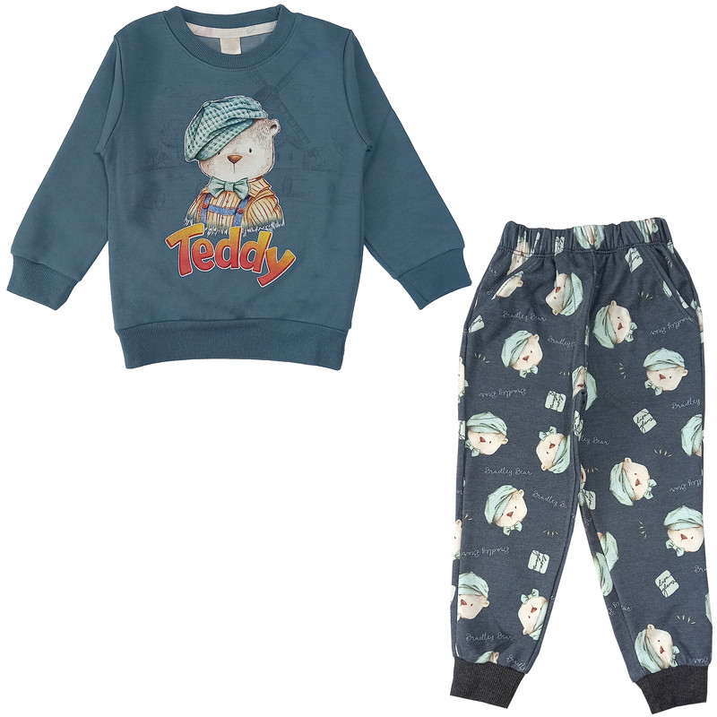 ست سویشرت و شلوار پسرانه مدل خرس کلاه دار کد 3628 رنگ آبی