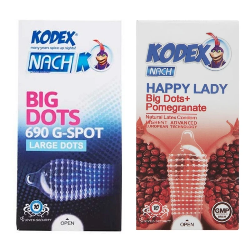کاندوم خاردار ناچ کدکس مدل بیگ دات بسته 10 عددی به همراه کاندوم خاردار ناچ کدکس مدل هپی لیدی بسته 10 عددی