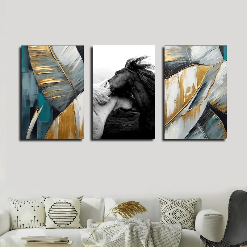 تابلو شاسی بکلیت طرح نقاشی پر و اسب مدل SH-2422 مجموعه 3 عددی