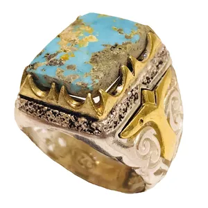 انگشتر نقره مردانه مدل شبکه زنی سر برنجی فیروزه نیشابوری 3204