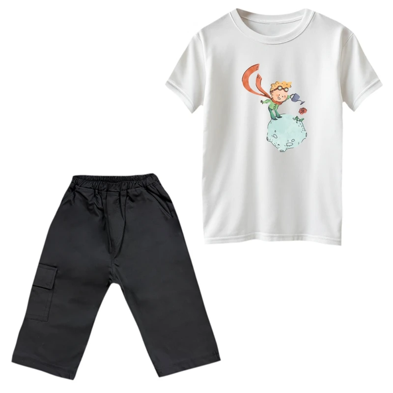 ست تی‌شرت و شلوارک پسرانه مدل شازده کوچولو و گل رنگ سفید