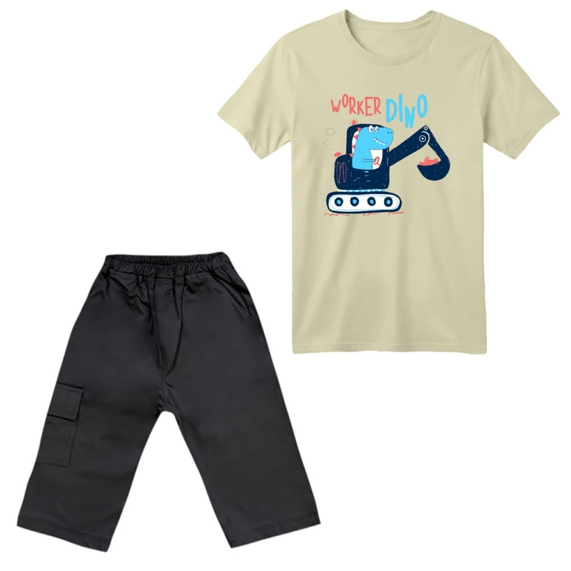 ست تی‌شرت آستین کوتاه و شلوارک پسرانه مدل دایناسور و ماشین
