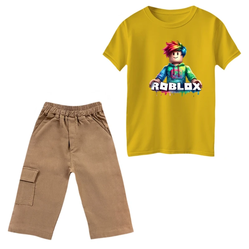 ست تی‌شرت و شلوارک پسرانه مدل روبلاکس کد 17 رنگ زرد