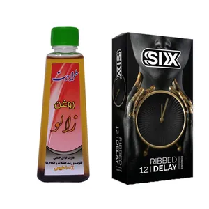 کاندوم سیکس مدل Ribbed Delay بسته 12 عددی به همراه روغن زالو طراوت کد 60 حجم 60 میلی لیتر