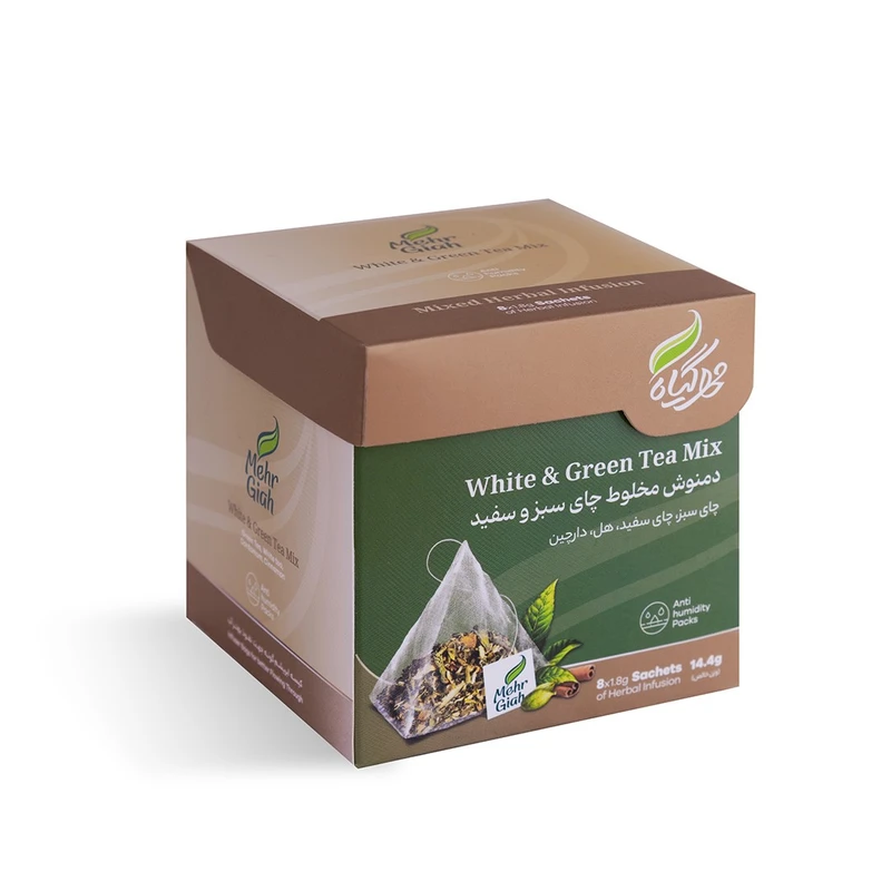 دمنوش گیاهی چای سبز و سفید مهرگیاه بسته 8 عددی