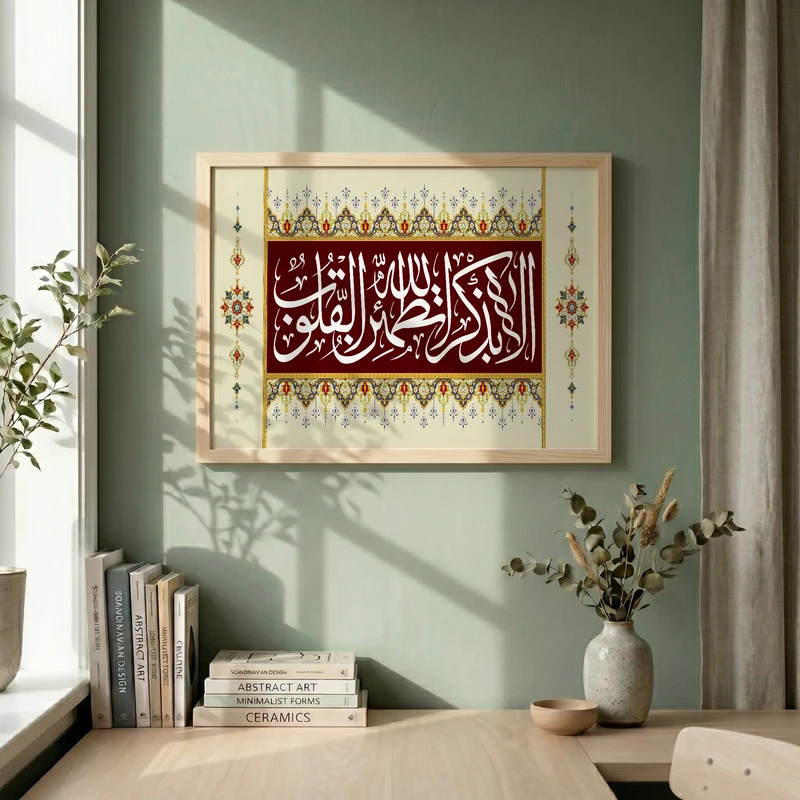 تابلو طرح قرآنی آیه الا بذکر الله تطمئن القلوب مدل G14628 فریم کرم روشن