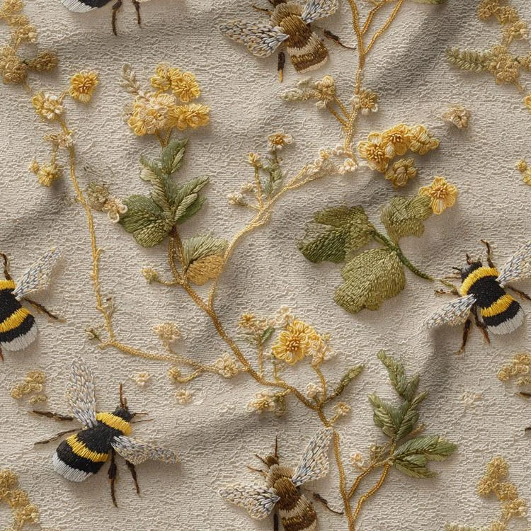 پارچه ملحفه عرض 1.5 متر پارچه باما طرح پنج بعدی زنبور گچی کد 5014002 رنگ کرم