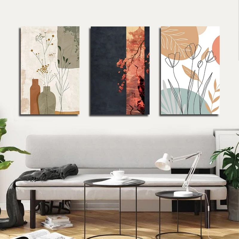 تابلو شاسی بکلیت طرح نقاشی مینیمال گل و گلدان مدل SH-3105 مجموعه 3 عددی