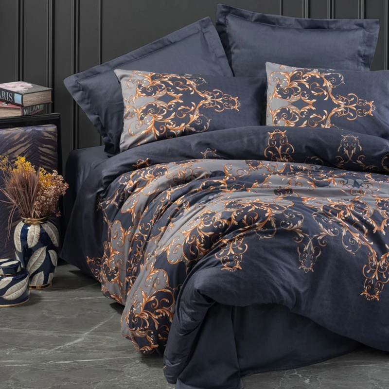 سرویس روتختی کاتن باکس مدل Baskili Saten Sarina Lacivert دو نفره 6 تکه