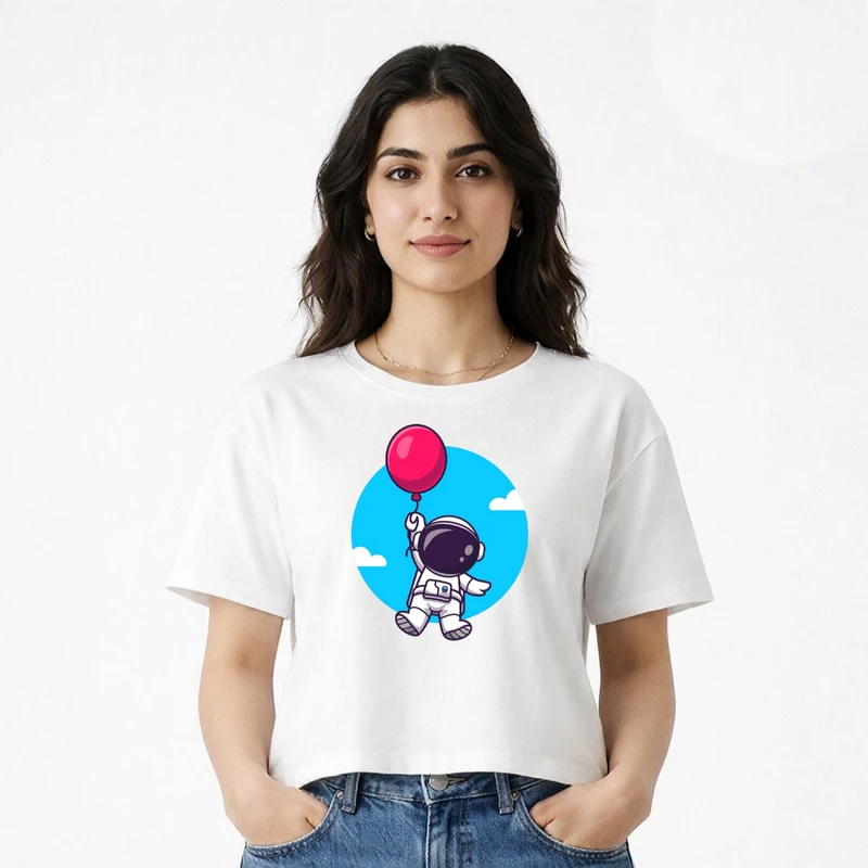 کراپ تی شرت آستین کوتاه زنانه طرح فضانورد کد v12