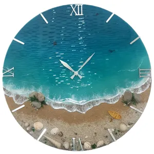 ساعت دیواری رزینی دست‌ساز طرح دریا و ساحل طبیعی مدل موج