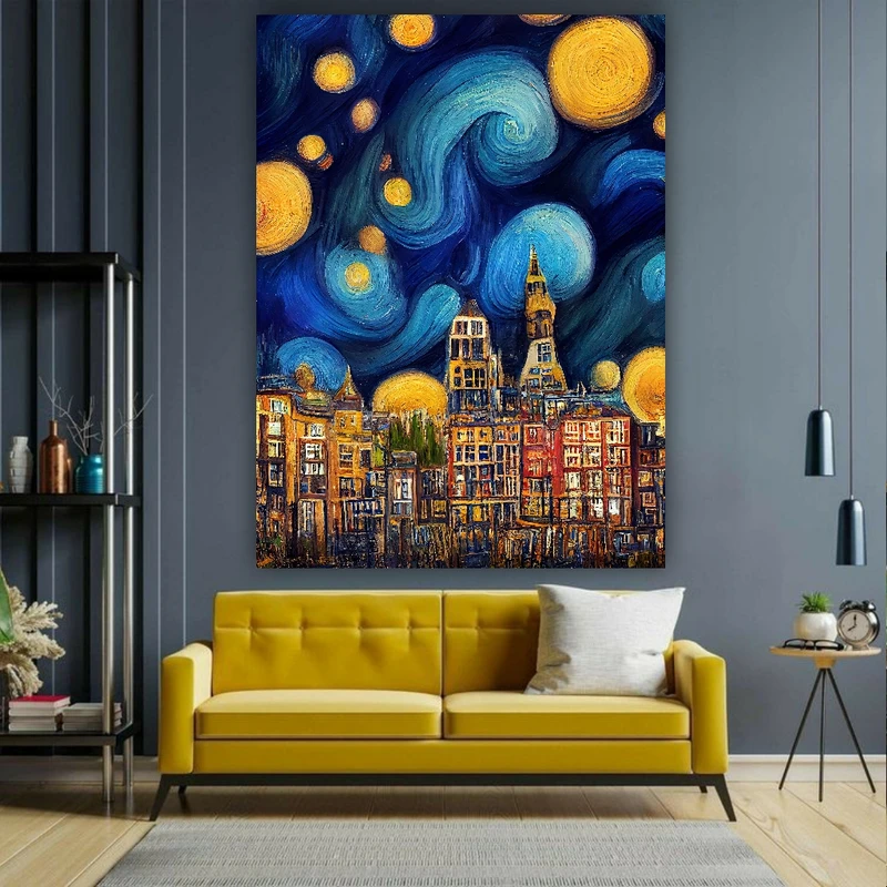  تابلو بوم طرح ونگ گوگ مدل شهر شب پرستاره کد GR284