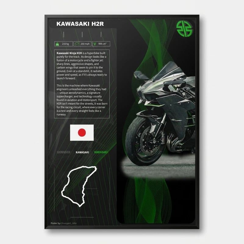 تابلو بکلیت طرح موتور سنگین نینجا کاوازاکی NINJA KAWASAKI H2R مدل b-po1685 فریم مشکی