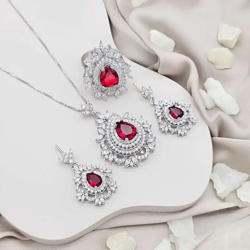 نیم ست نقره زنانه مدل یاقوت BARF96