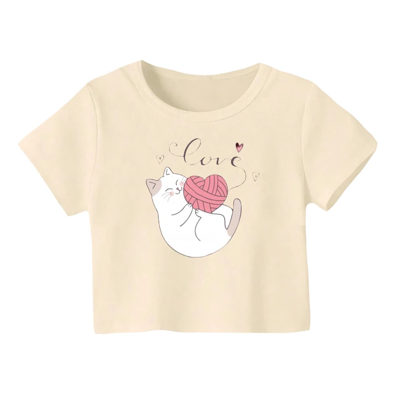 کراپ‌ تی‌شرت آستین کوتاه زنانه مدل گربه کد 19