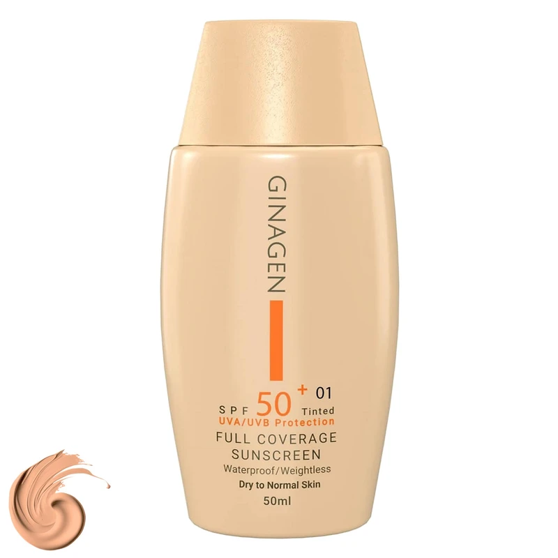 کرم ضد آفتاب رنگی ژیناژن، SPF 50، مدل 01، ‌مناسب پوست‌های خشک و نرمال با تنالیته متوسط و حجم 50 میلی‌لیتر، ضد آب، فاقد پارابن، محافظت‌کننده در برابر اشعه‌های UVA و UVB، ارای فرمولاسیون بدون الکل و گلیسیرین غنی شده با ویتامین‌ E، با ماندگاری 4 ساعته
