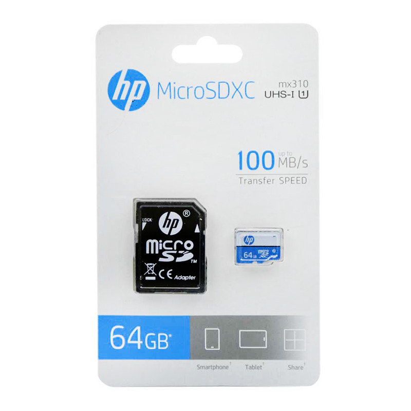 کارت حافظه‌ microSDHC اچ پی مدل MX310 کلاس 10 استاندارد UHS-I U1 سرعت 100MBps ظرفیت 64 گیگابایت به همراه آداپتور SD