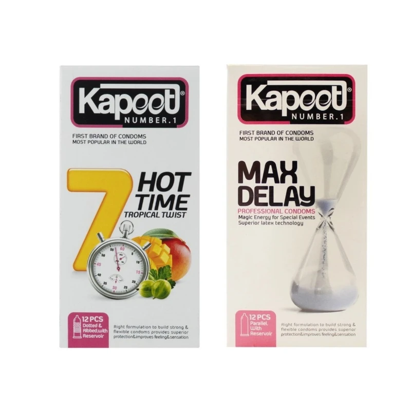 کاندوم تاخیری کاپوت مدل MAX DELAY بسته 12 عددی به همراه کاندوم خاردار کاپوت مدل 7HOT TIME بسته 12 عددی