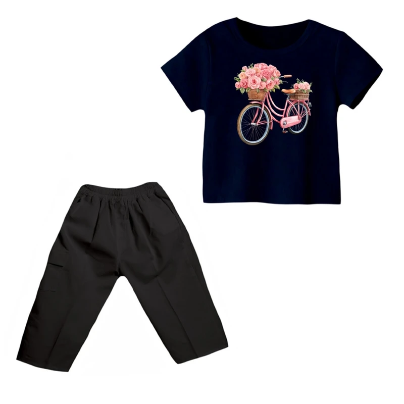 ست تی شرت و شلوارک دخترانه مدل دوچرخه کد ۹