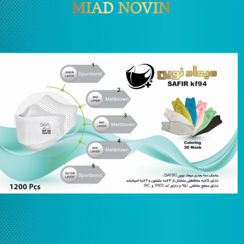 ماسک تنفسی میعاد نوین مدل سه بعدی 5 لایه بسته 1200 عددی