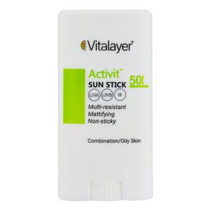 استیک ضد آفتاب بیرنگ صورت ویتالیر SPF 50 مدل اکتیویت محافظ در برابر اشعه UVA و UVB مناسب برای پوست چرب و مختلط حجم 20 میلیلیتر