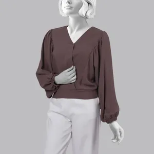 بلوز آستین بلند یقه هفت زنانه گردیه مدل 15126887304362 رنگ قهوه ای