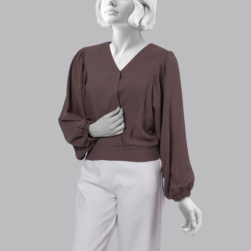 بلوز آستین بلند یقه هفت زنانه گردیه مدل 15126887304362 رنگ قهوه ای