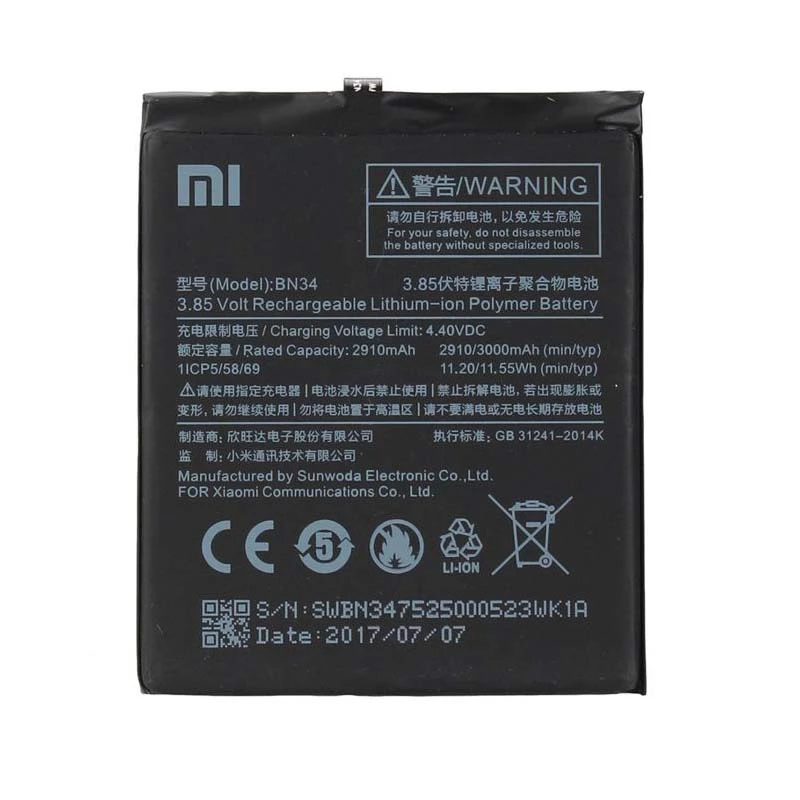 باتری موبایل مدل BN34 ظرفیت 2910 میلی آمپر ساعت مناسب برای گوشی موبایل شیائومی Redmi 5A
