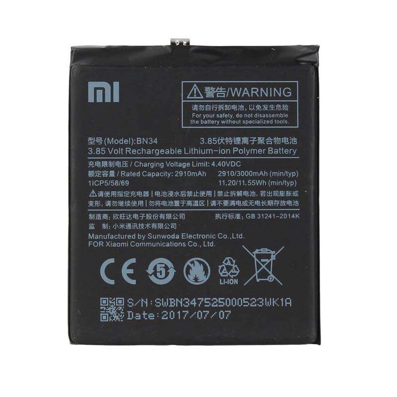 باتری موبایل مدل BN34 ظرفیت 2910 میلی آمپر ساعت مناسب برای گوشی موبایل شیائومی Redmi 5A