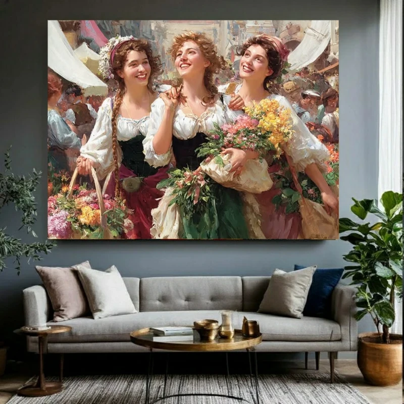 تابلو بوم طرح مخمل  نقاشی قدیمی مدل دختران روستایی خندان کد BK57766