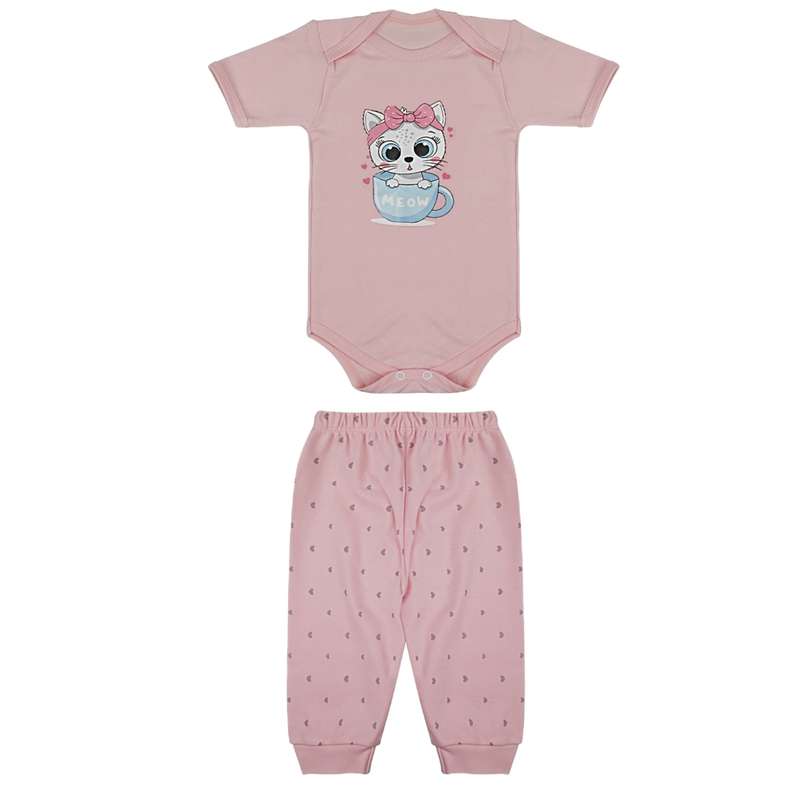 ست بادی آستین کوتاه و شلوار نوزادی مدل گربه و فنجان کد 402