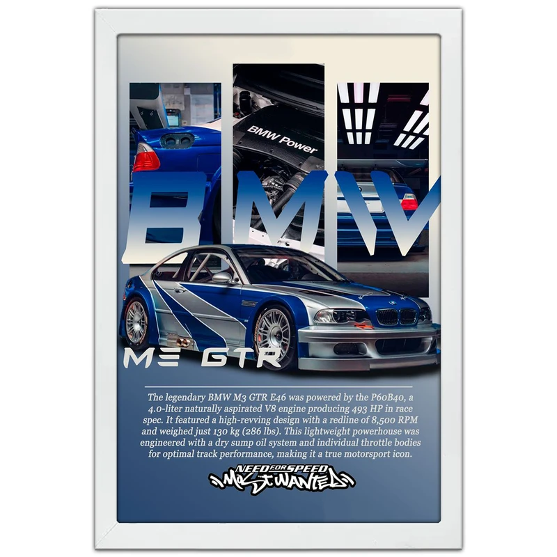 تابلو بکلیت طرح ماشین و خودرو بی ام و BMW M3 GTR NEED FOR SPEED MOST WANTED مدل W-po1879 فریم سفید