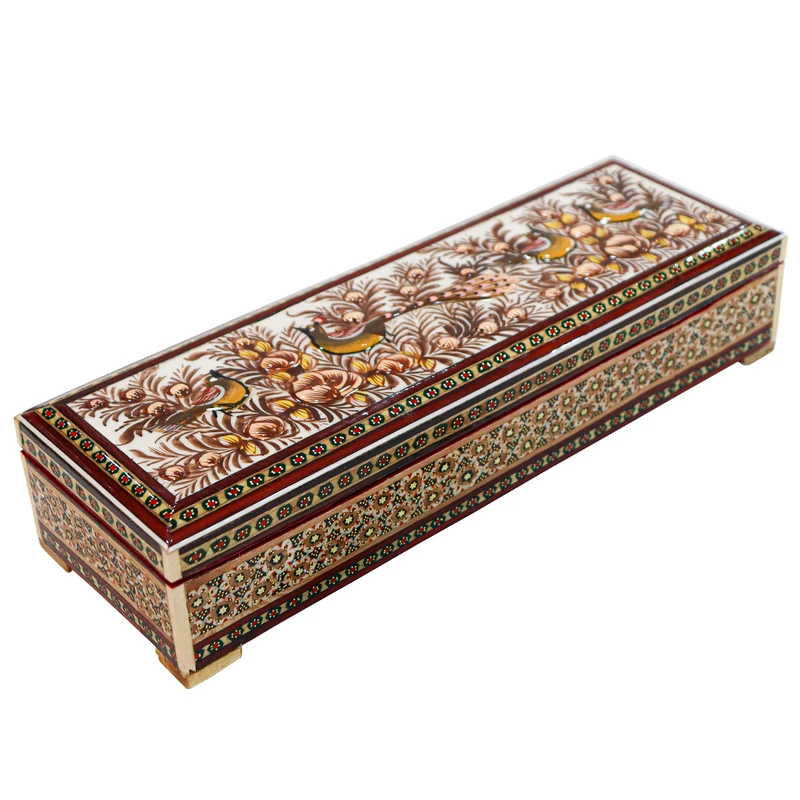 قلمدان خاتم کاری مدل دردار طرح گل و مرغ برجسته کد 9p29br