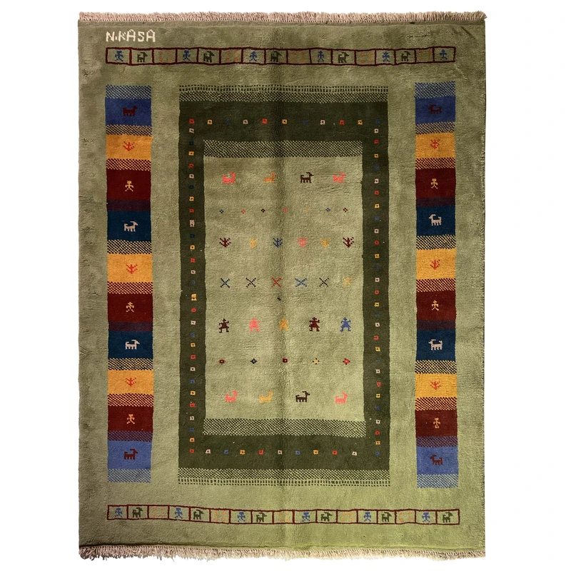 گبه دستبافت قشقایی دو متری زمینه سبز کد NKP.RJ158